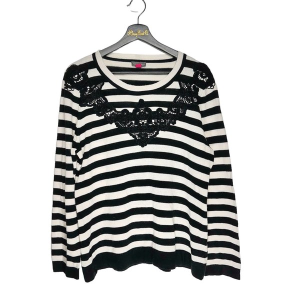 Vince Camuto Black & White Striped Lace Overlay Embroidered Top XL - Picture 1 of 6
